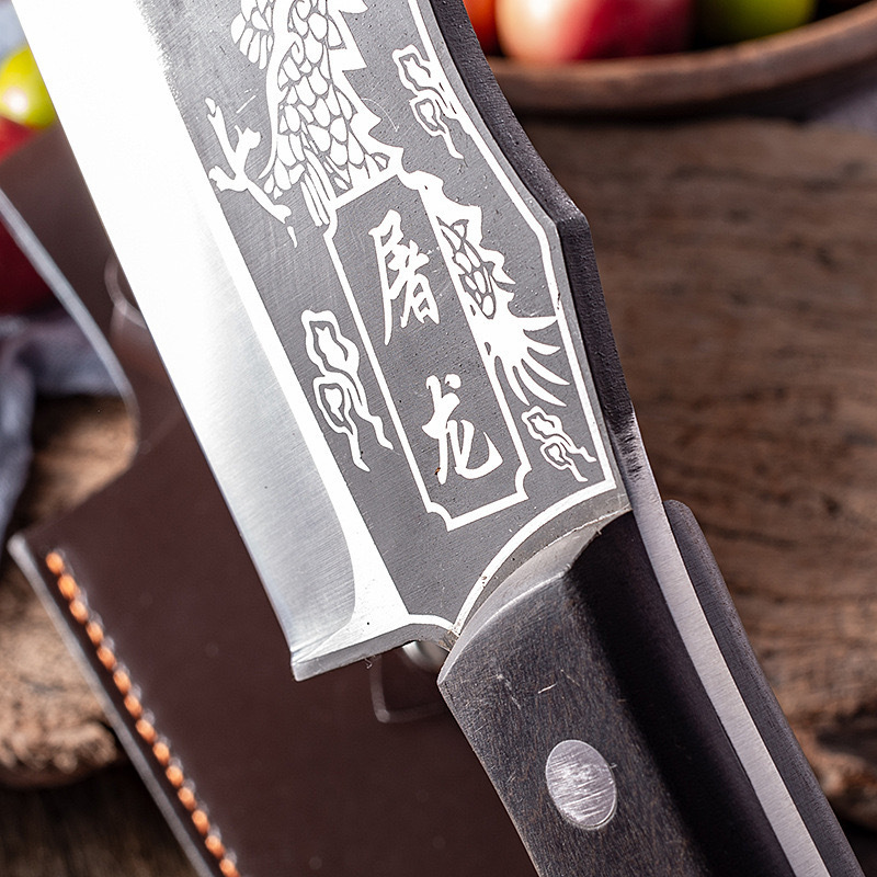 Custom logo Kitchen Knives Damascus chef Knife forged dragon pattern bone chopping knife with wood handle