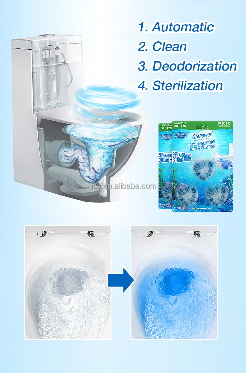 Liby Grepower omo Free Sample Automatic toilet bowl cleaner tablets blue bubbles solid block toilet cleaning tablet oem odm