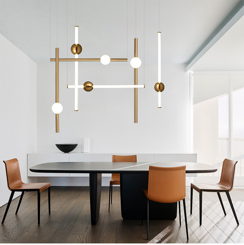 Nordic Golden Chandeliers pendant lights creative Concise Long Stick  Living Room Hotel Hall Dinner Led Hanging Light Fixtures