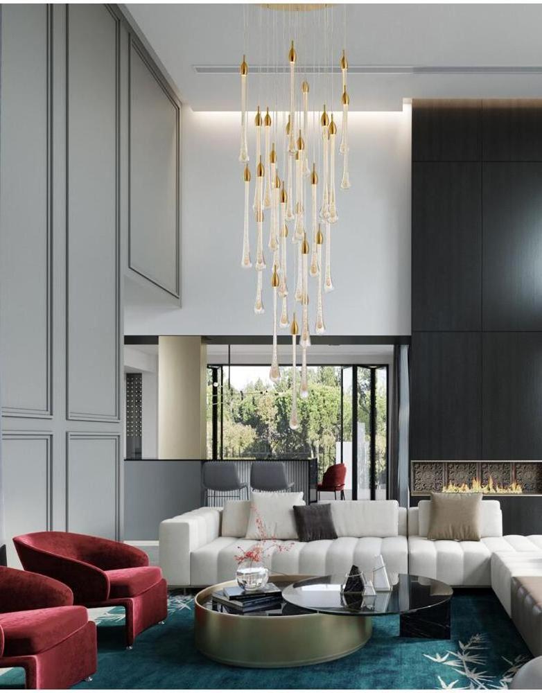 Customized long LED chandelier pendant light hotel application modern gold crystal Chandelier light for high ceilings