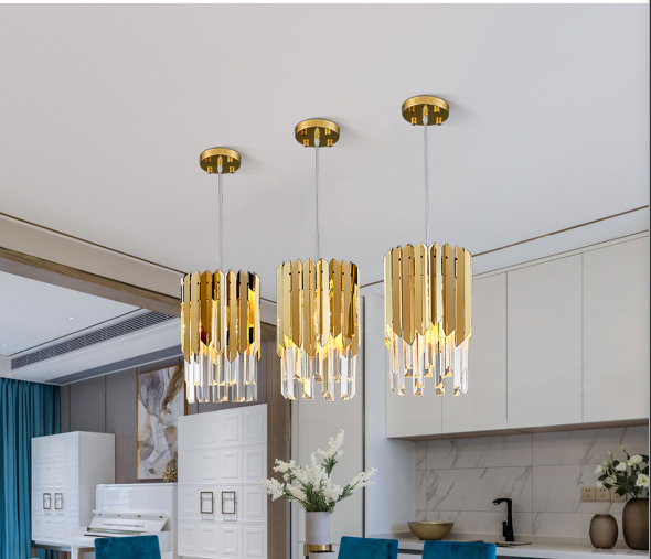 Small Round Stainless Steel Crystal Pendant Light Modern Led Gold Chandelier for Living Room Kitchen Dining Room Bedside Hanging