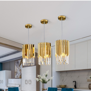 Small Round Stainless Steel Crystal Pendant Light Modern Led Gold Chandelier for Living Room Kitchen Dining Room Bedside Hanging