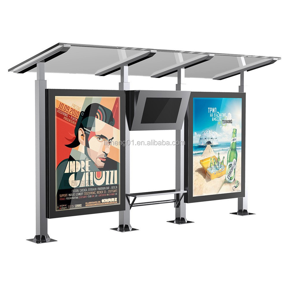 Good quality modern bus stop shelter design with led light box Solar panel powered bus shelter