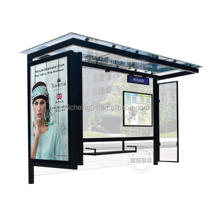 Good quality modern bus stop shelter design with led light box Solar panel powered bus shelter