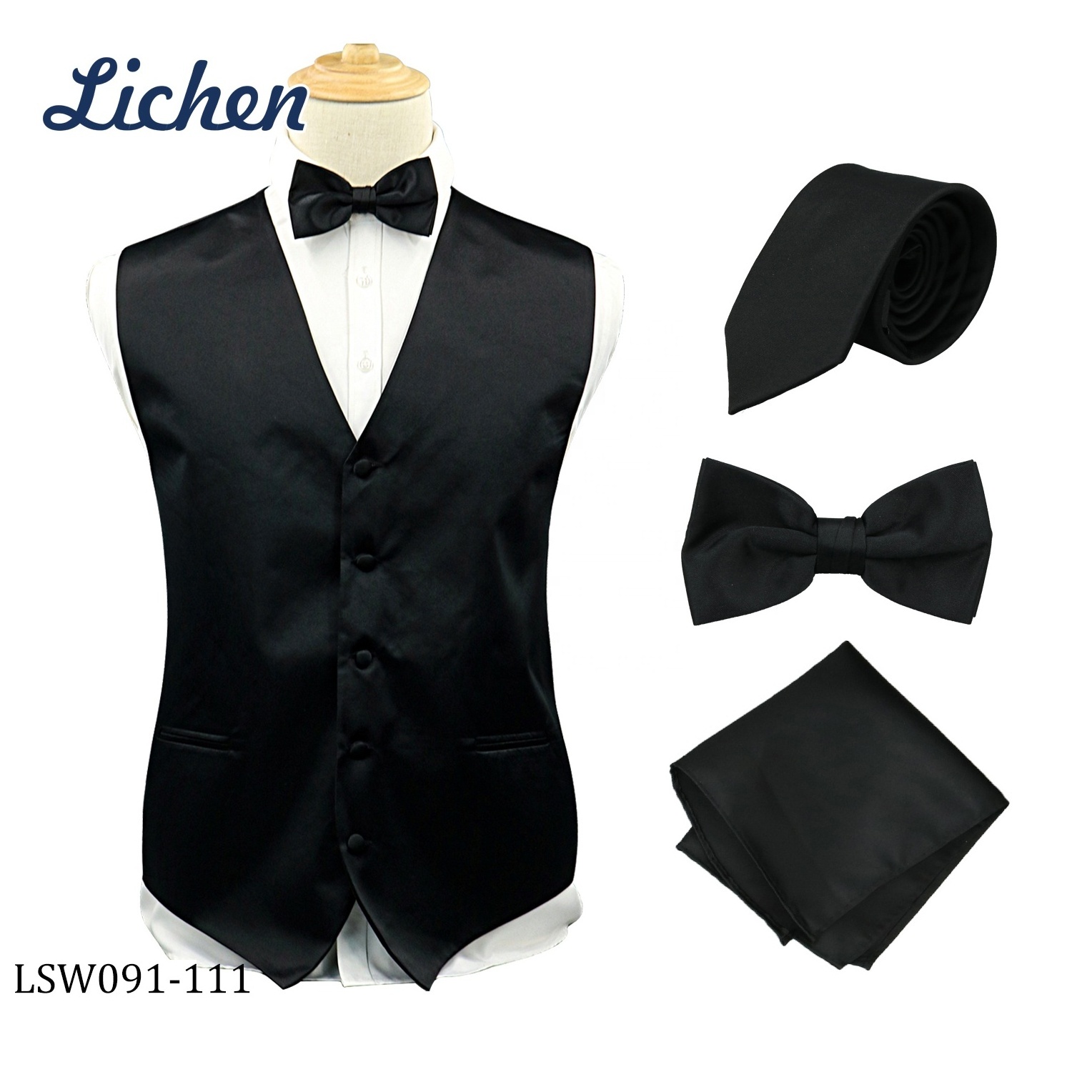 Black 150D Dying Fabric Made Restaurant Waiter Vest & Waistcoat Vest for Men 4 Piece Set