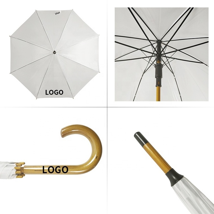 Fashion Design White Printing Logo On The Polyester Fabric Light Brown Wedding Umbrella With Wooden Handle