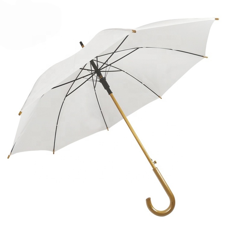 Fashion Design White Printing Logo On The Polyester Fabric Light Brown Wedding Umbrella With Wooden Handle