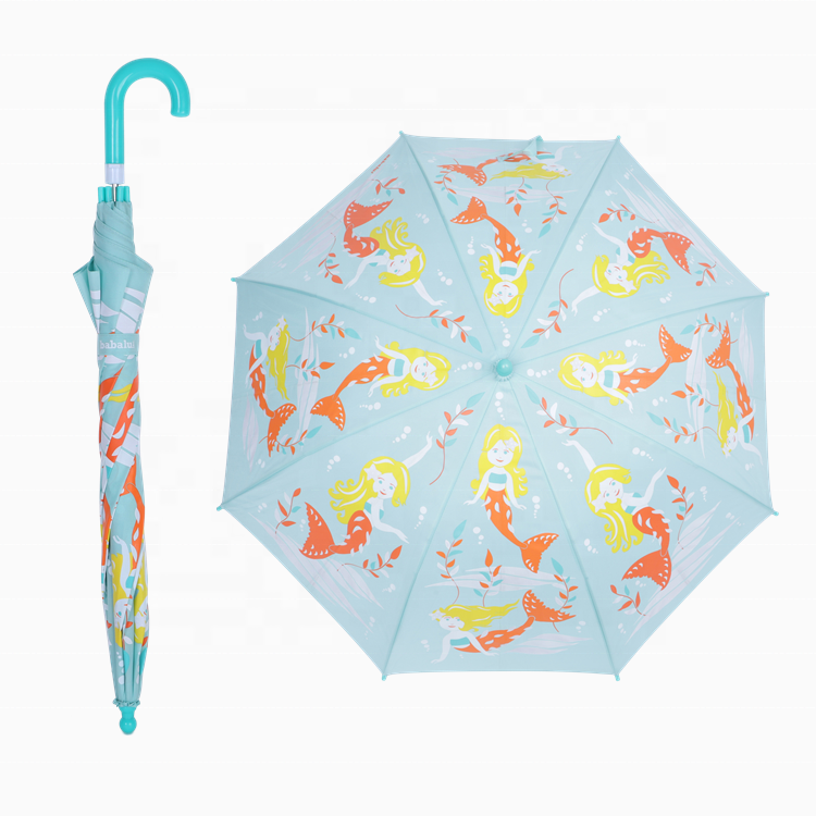 Cheap Price Cute Colorful Custom Design Sky Blue Color Mermaid Print Manual Opening Kids Animal Umbrella