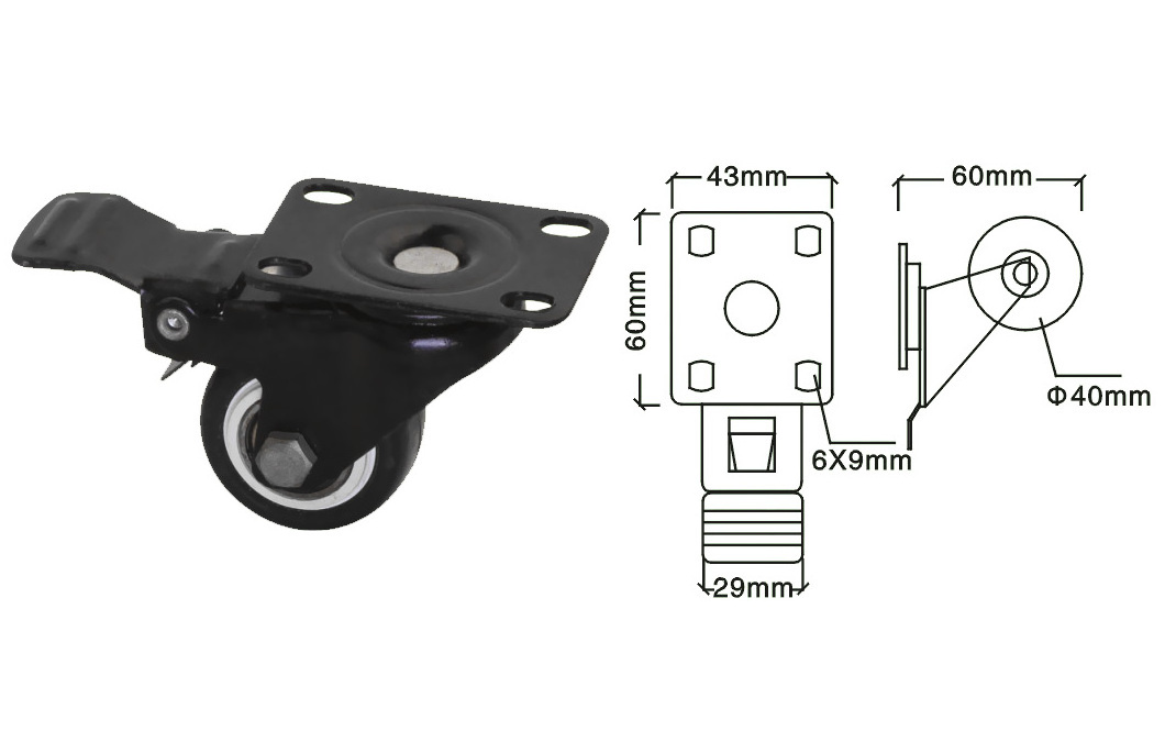 Heavy Duty Casters with Brake No Noise Locking Casters with Polyurethane Black Wheels swivel castors luggage caster wheels