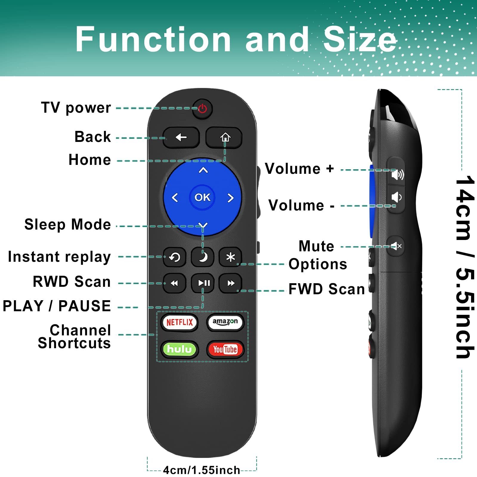 Replacement remote control compatible with Roku TV, compatible with Hisense/Onn/TCL/Haier/Sharp/Hitachi/LG/Sanyo/JVC/Magnavox/RC