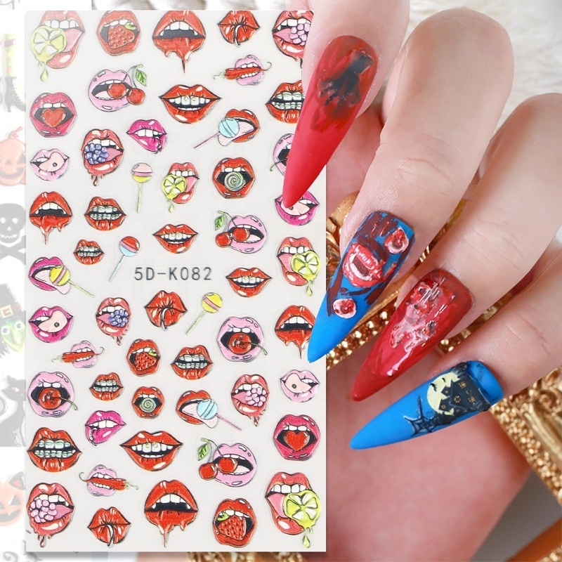 Nail Art Halloween Stickers Nail Sticker 5D Hollow Pumpkin Bat Grimace Spider Horror Bloody Hand Skull Shape DIY Nail Art Design