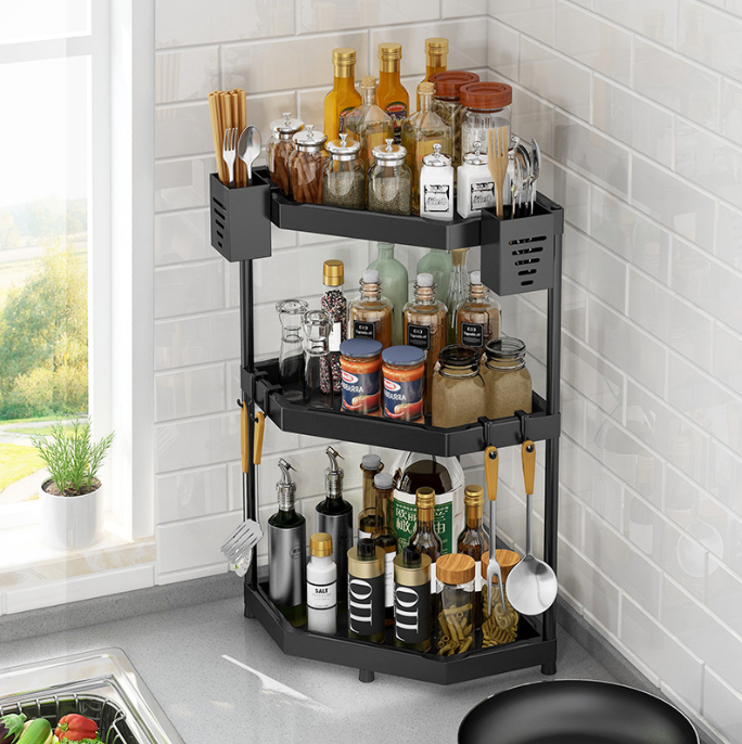 Multi-Layer Kitchen Corner Shelf Non-Perforated Seasoning Rack Countertop Storage for Spices Packaged in Box