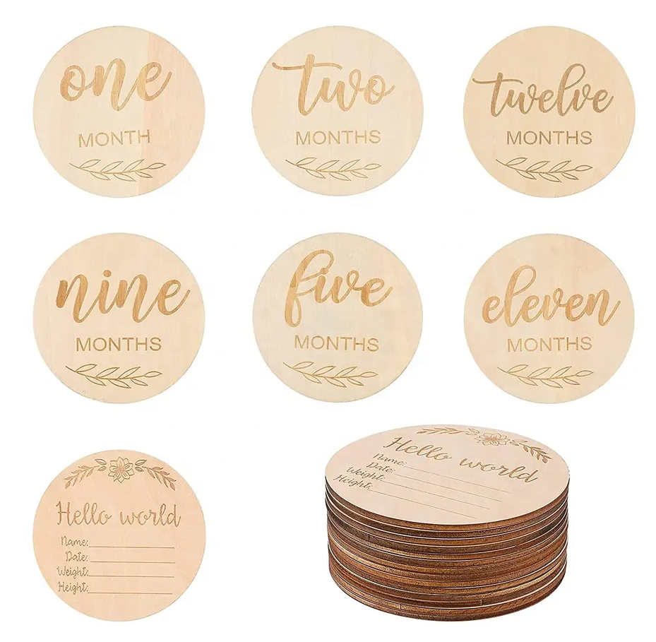 Custom Factory laser engrave wooden discs baby milestone cards wooden with family love