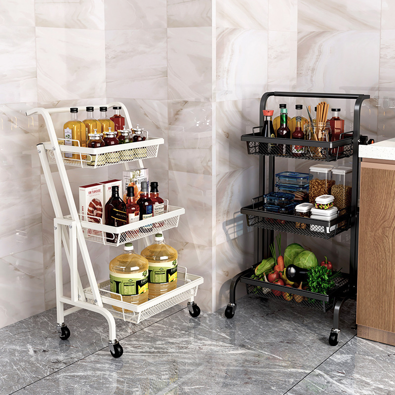 New Household Carbon Steel 3-tier Kitchen Storage Rack Cart Foldable Kitchen Trolley with Wheels