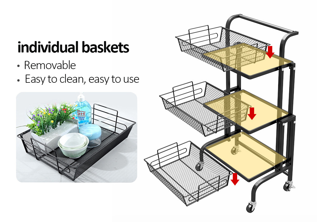 New Household Carbon Steel 3-tier Kitchen Storage Rack Cart Foldable Kitchen Trolley with Wheels