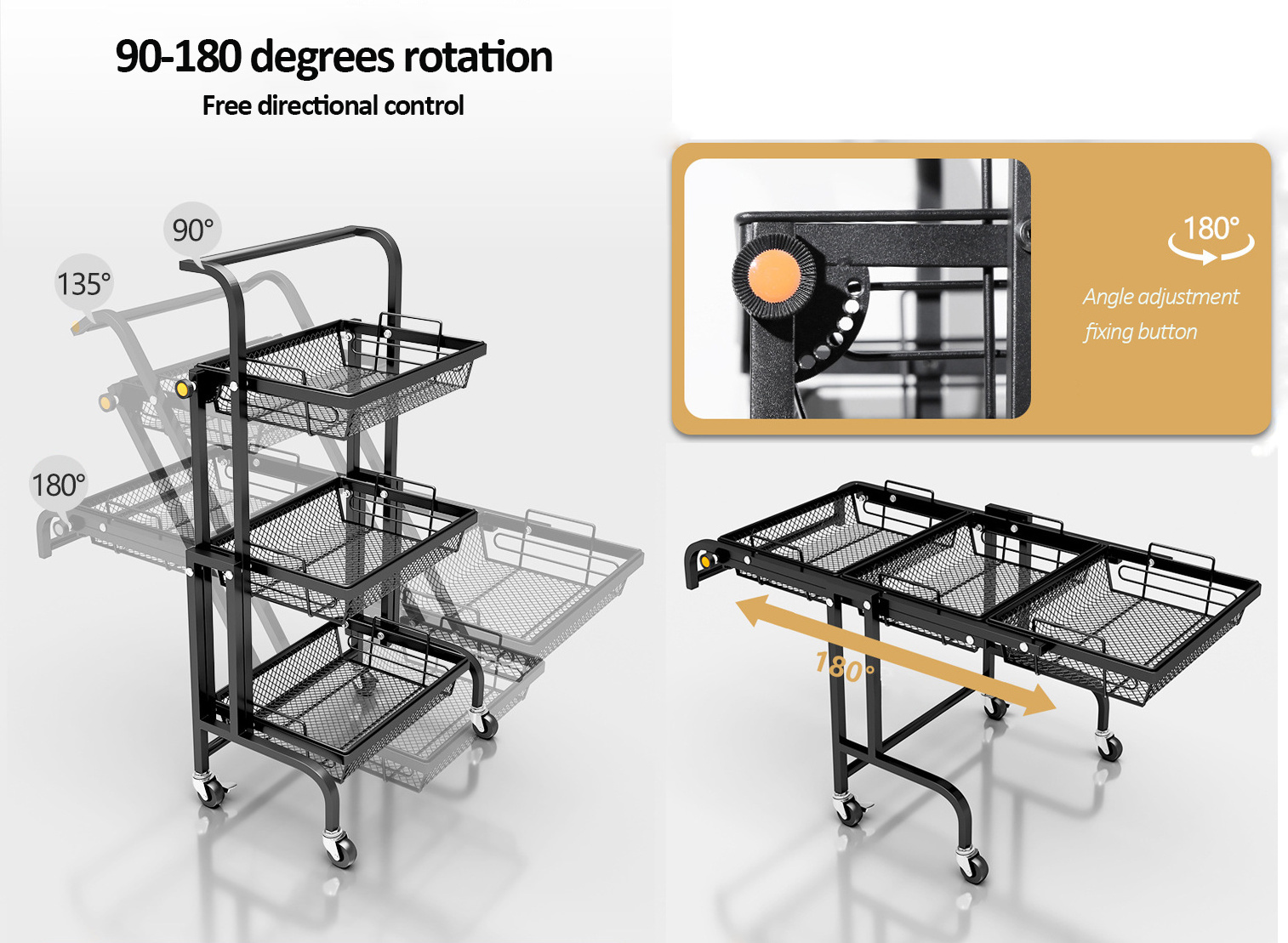 New Household Carbon Steel 3-tier Kitchen Storage Rack Cart Foldable Kitchen Trolley with Wheels