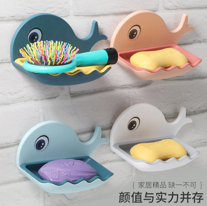 Plastic Bathroom Soap Holder Household Items Kitchen Sponge Rack 2 Layer Small Items Storage Whale Shape Wall Mounted Soap Box