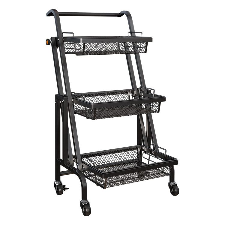 New Household Carbon Steel 3-tier Kitchen Storage Rack Cart Foldable Kitchen Trolley with Wheels