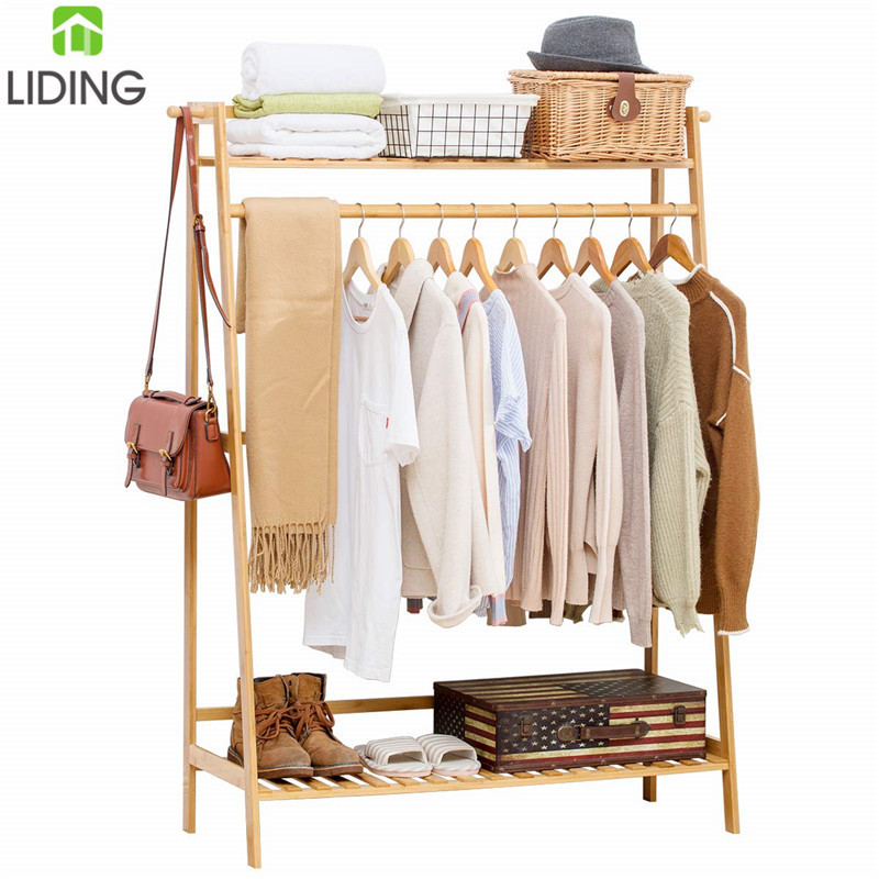 Bamboo Clothes Rack with Clothing Hanging Rack Organizer, Drying Rack, Garment Racks