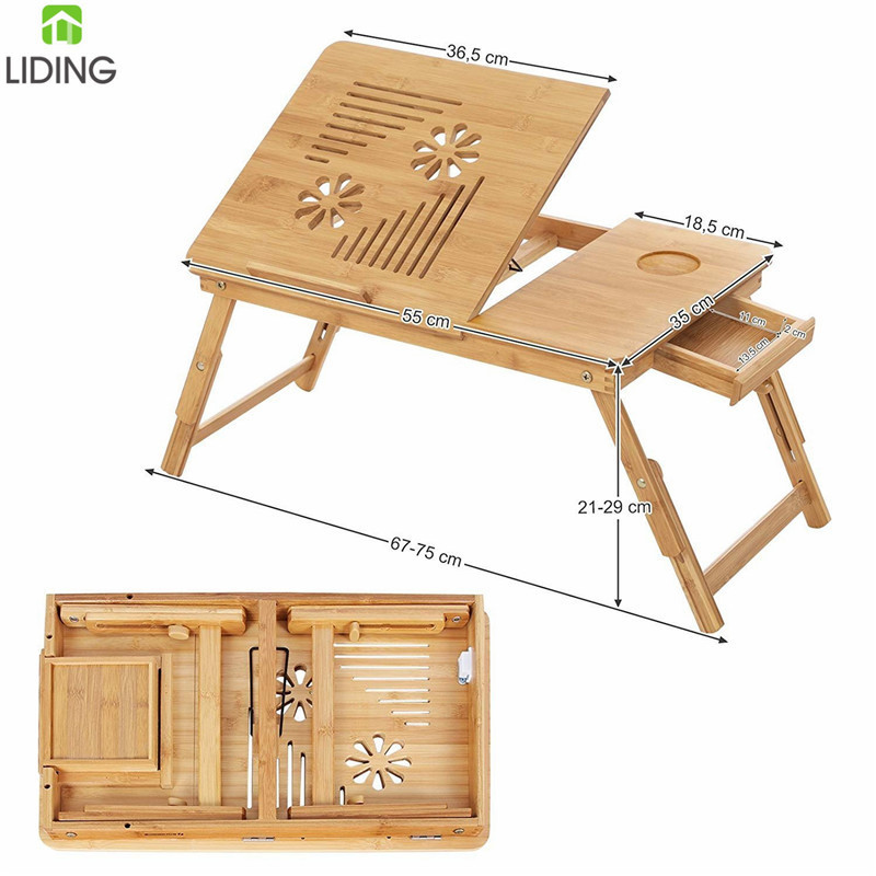 Foldable Wooden Bed Tray Bamboo Laptop Bed Tray Adjustable Portable Breakfast Serving Bed Tray with Drawer