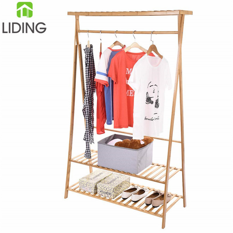 Bamboo Wooden Tall Indoor Coat Rack Bamboo Garment Coat Clothes Hanging Heavy Duty Rack with Top Shelf