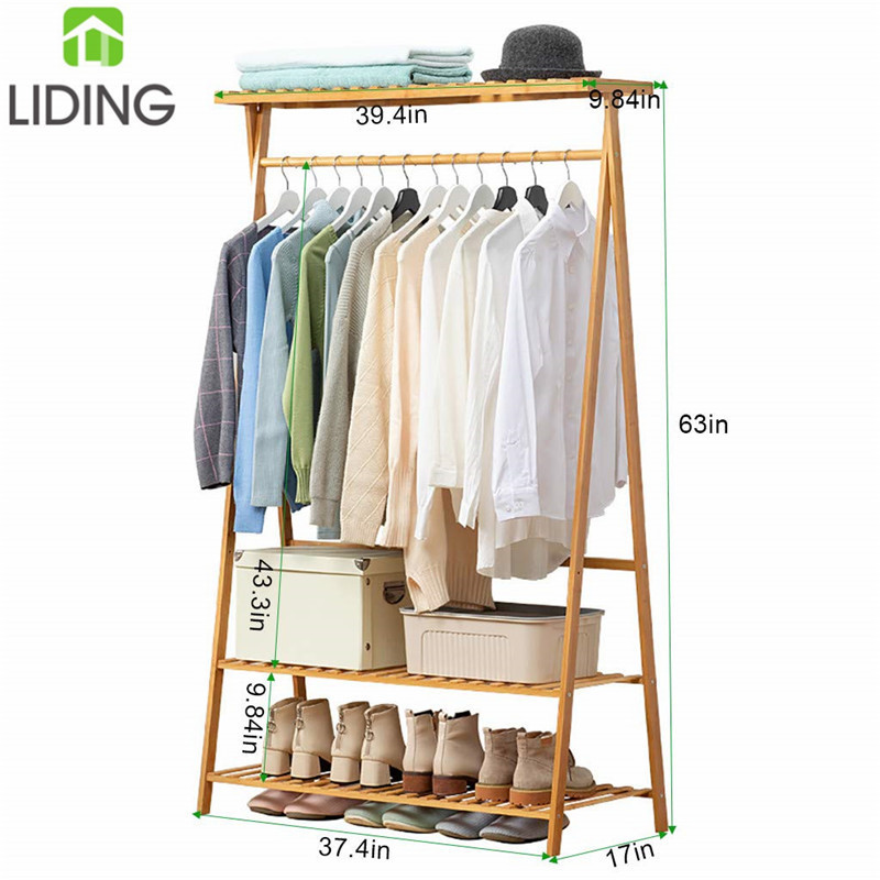 Bamboo Wooden Tall Indoor Coat Rack Bamboo Garment Coat Clothes Hanging Heavy Duty Rack with Top Shelf