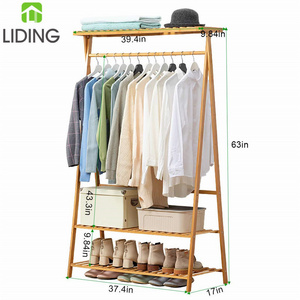 Bamboo Wooden Tall Indoor Coat Rack Bamboo Garment Coat Clothes Hanging Heavy Duty Rack with Top Shelf