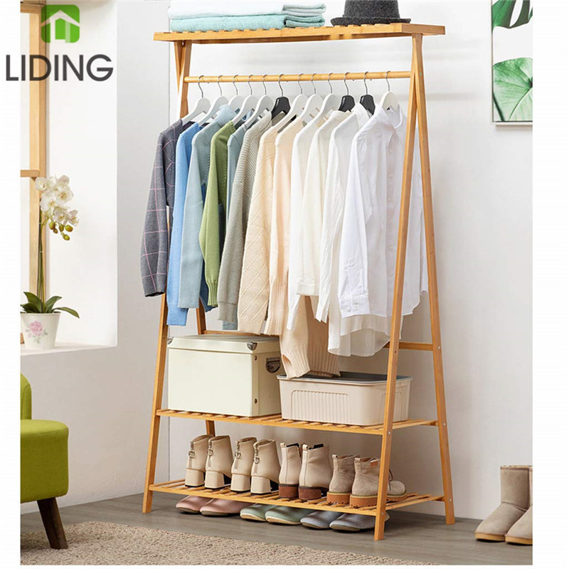 Bamboo Wooden Tall Indoor Coat Rack Bamboo Garment Coat Clothes Hanging Heavy Duty Rack with Top Shelf