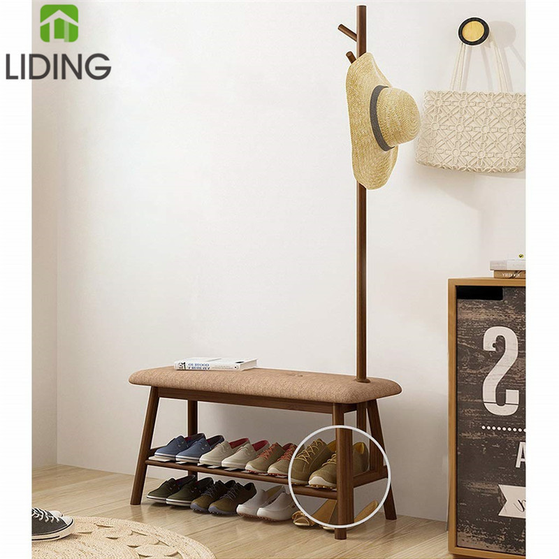 Simple vertical Tree Shaped Hanger with Shoe Stool  Natural Bamboo Hat Coat Rack Bamboo 2 in 1 coat rack