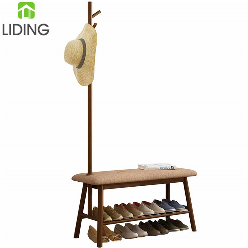 Simple vertical Tree Shaped Hanger with Shoe Stool  Natural Bamboo Hat Coat Rack Bamboo 2 in 1 coat rack