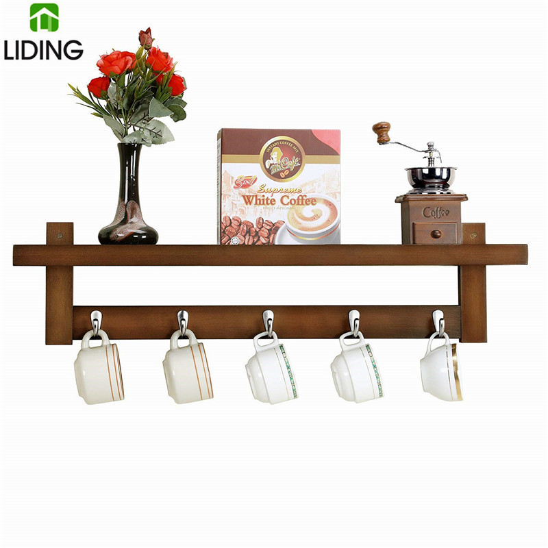 Bamboo Entryway Hanging Coat Rack with 5 Hooks, Wall Floating Shelf