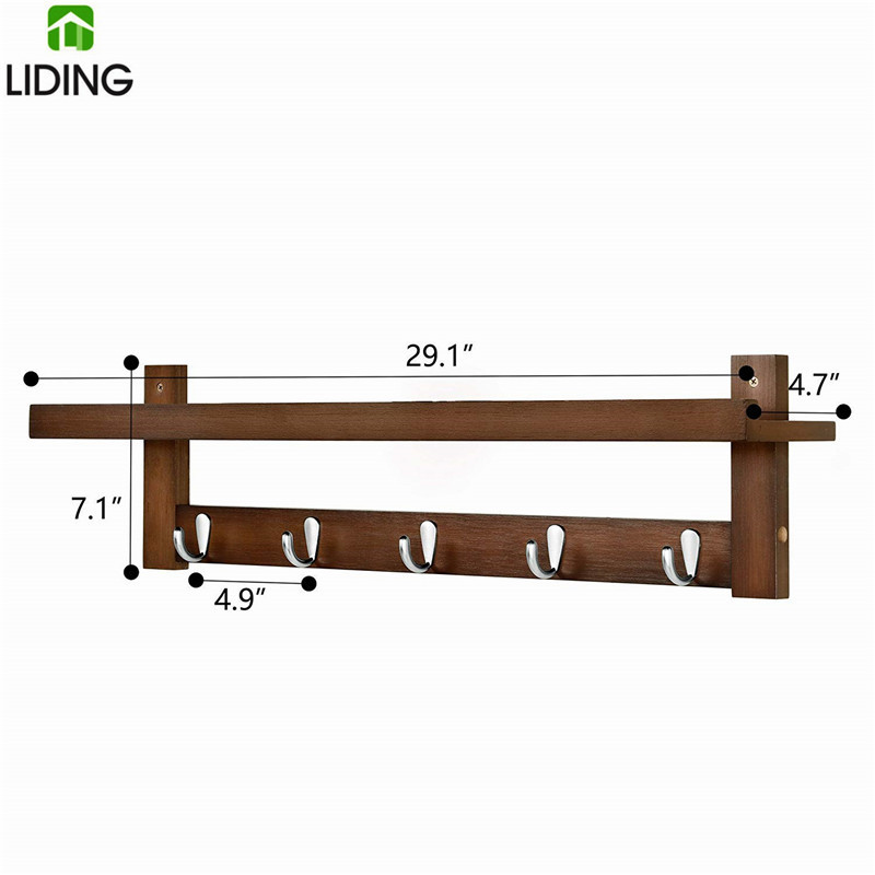 Bamboo Entryway Hanging Coat Rack with 5 Hooks, Wall Floating Shelf