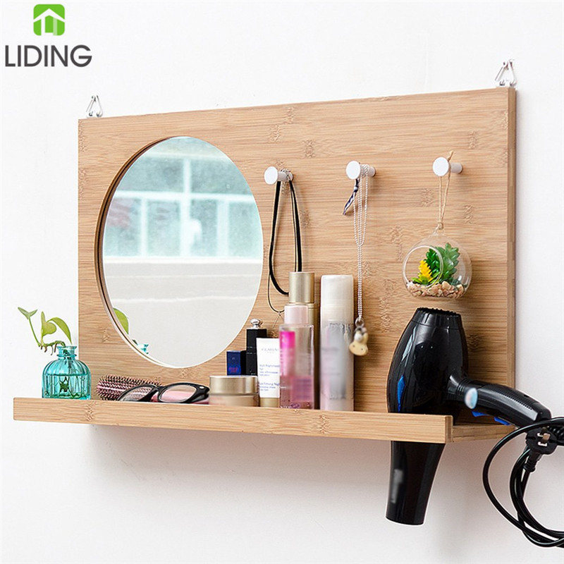 Small Bamboo Wooden Wall Coat Rack with Mirror Shelf