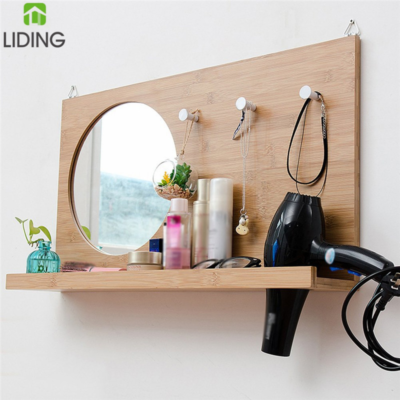 Small Bamboo Wooden Wall Coat Rack with Mirror Shelf