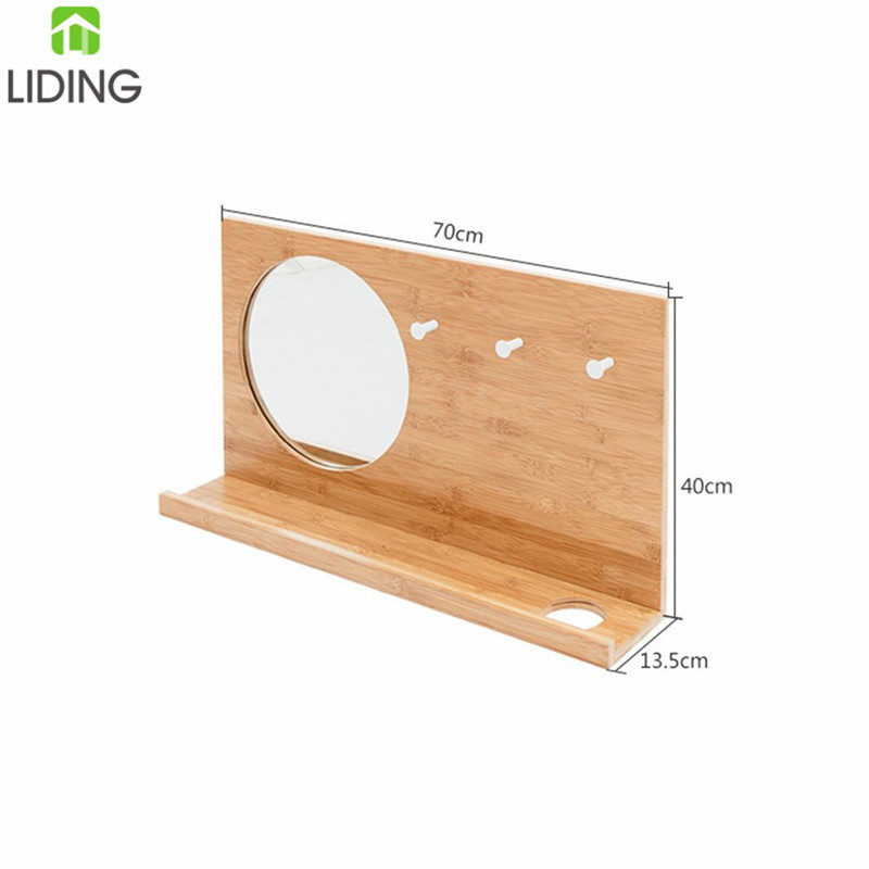 Small Bamboo Wooden Wall Coat Rack with Mirror Shelf