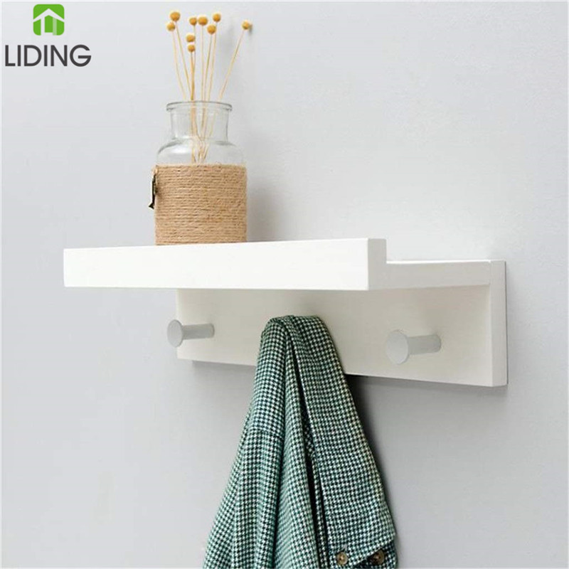 Bamboo Wall Mounted Coat Rack with 3 Hooks and Upper Shelf White Finish