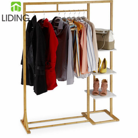 Large Bamboo Hallway Garment Rack with Clothes Rail