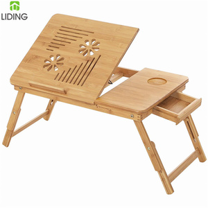 Foldable Wooden Bed Tray Bamboo Laptop Bed Tray Adjustable Portable Breakfast Serving Bed Tray with Drawer