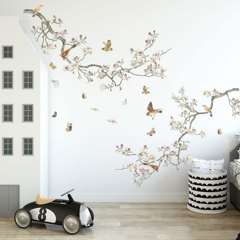 Chinese Style Bird Wall Decals White Flower Tree Wall Stickers Sparrow on The Tree Stickers for Wall