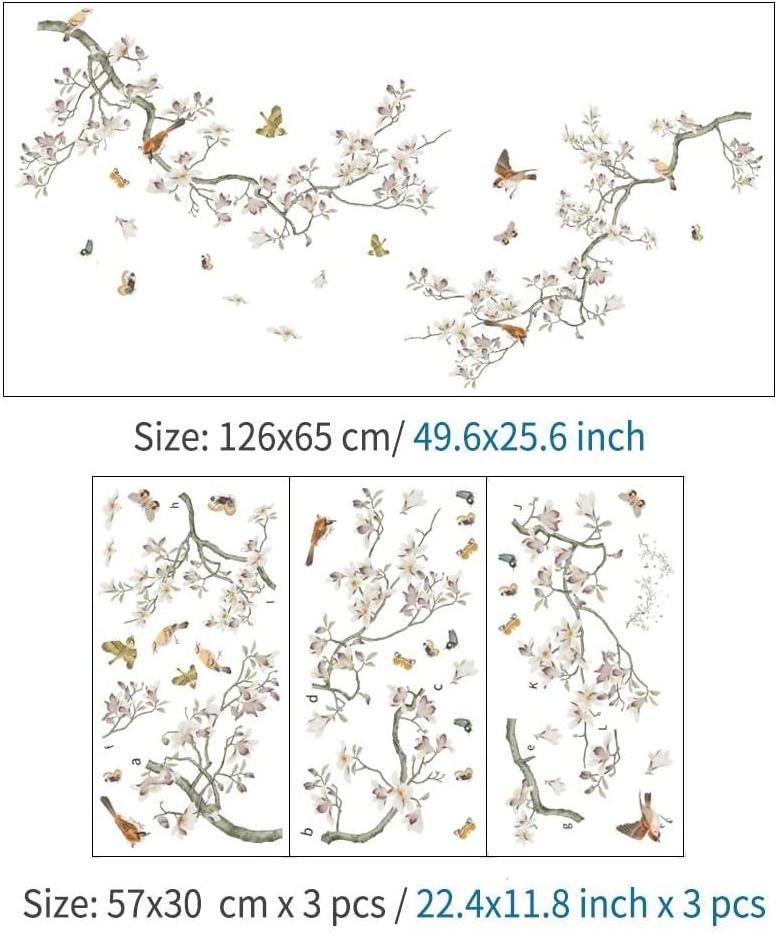 Chinese Style Bird Wall Decals White Flower Tree Wall Stickers Sparrow on The Tree Stickers for Wall