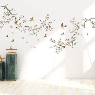 Chinese Style Bird Wall Decals White Flower Tree Wall Stickers Sparrow on The Tree Stickers for Wall