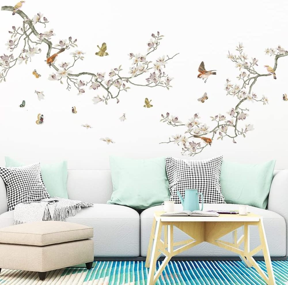 Chinese Style Bird Wall Decals White Flower Tree Wall Stickers Sparrow on The Tree Stickers for Wall