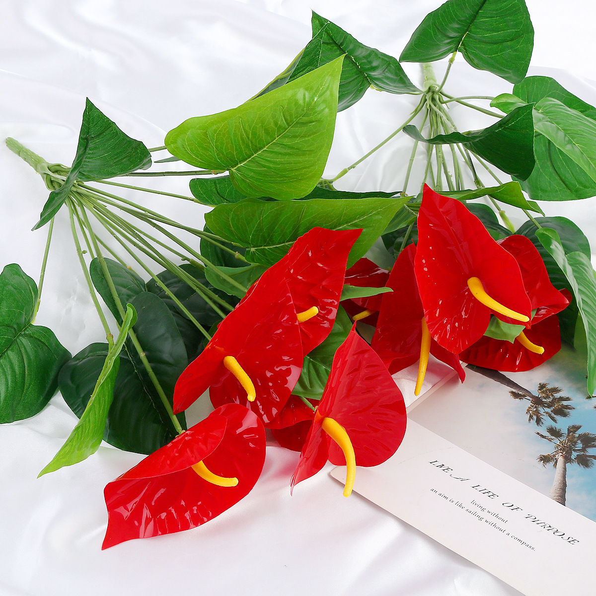 Red Palm Simulation Flower Living Room Dining Table Decoration Placement Floral Big Red Palm Plastic Flower Bundle