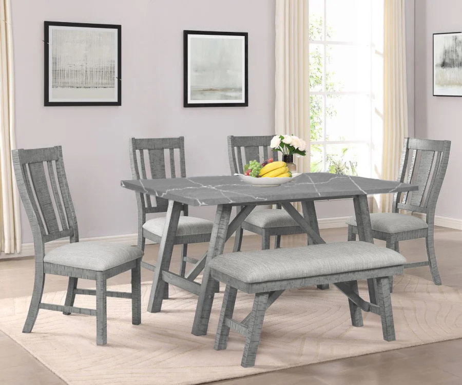 Dining Room Set Paper Top Solid Wood Damage Effect Comfort Cushion Slat Back Chairs 6-piece Wooden with Marble Home Furniture