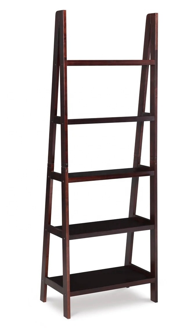 The espresso bookshelf features five shelves arranged in decreasing depth with an eye-catching focal point in any room