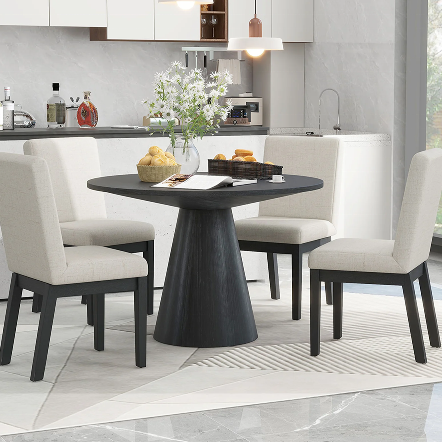 The 5-pieces Distinctive Shape Round Dining Table Set Room with 4 Upholstered Seat and Back Chairs Black Home Furniture Wood