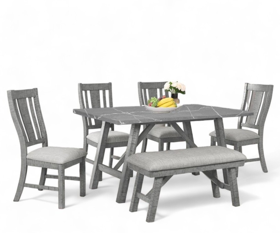 Dining Room Set Paper Top Solid Wood Damage Effect Comfort Cushion Slat Back Chairs 6-piece Wooden with Marble Home Furniture