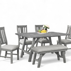 Dining Room Set Paper Top Solid Wood Damage Effect Comfort Cushion Slat Back Chairs 6-piece Wooden with Marble Home Furniture