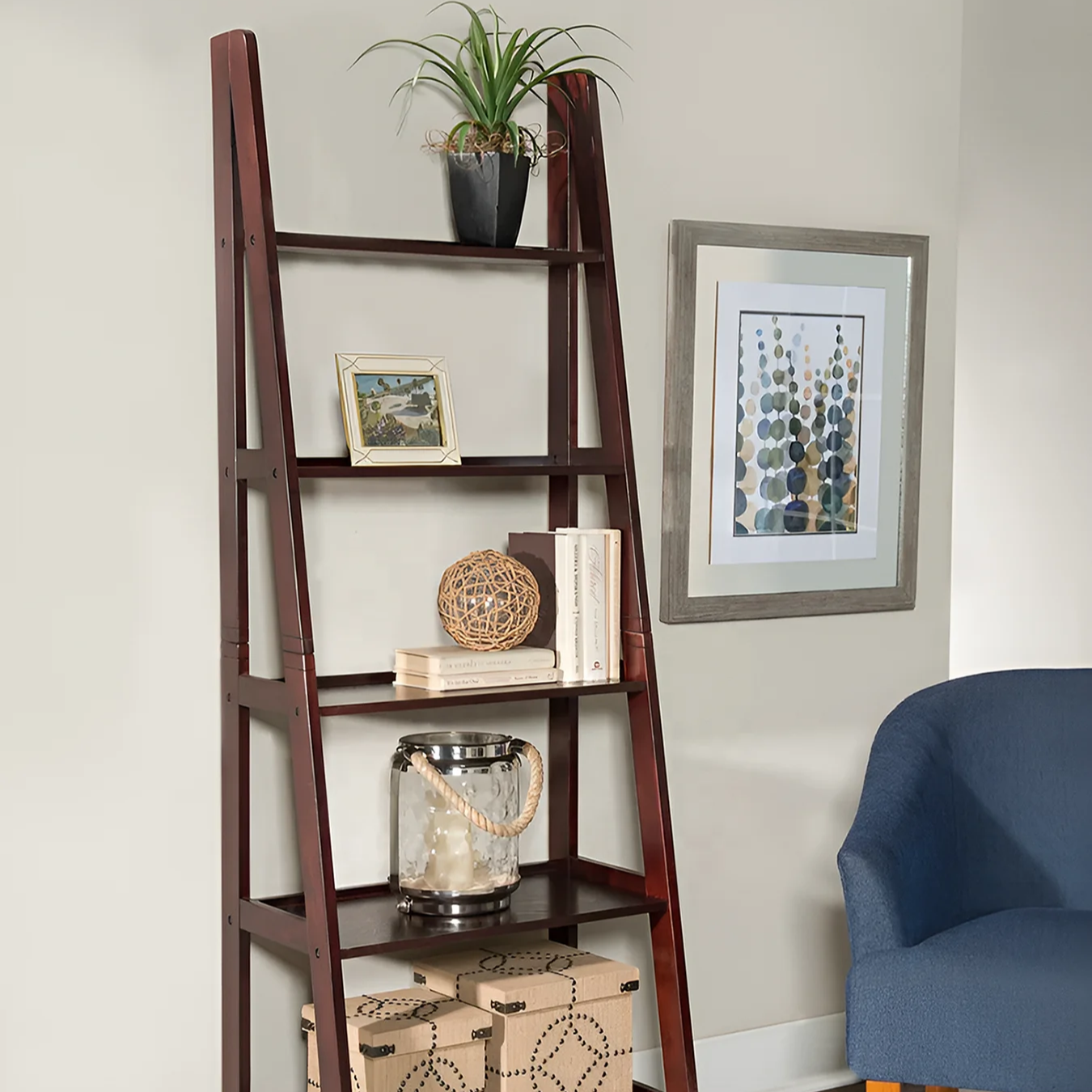 The espresso bookshelf features five shelves arranged in decreasing depth with an eye-catching focal point in any room