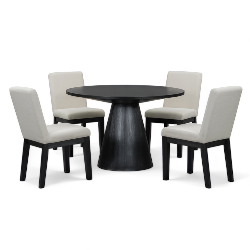 The 5-pieces Distinctive Shape Round Dining Table Set Room with 4 Upholstered Seat and Back Chairs Black Home Furniture Wood